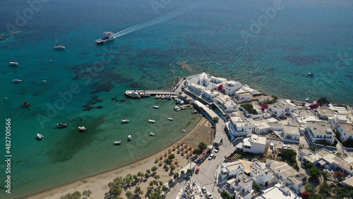 Aerial drone photo of picturesque Pollonia a quiet, family -friendly village on the north-east corner of Milos island, Cyclades, Greece photo
