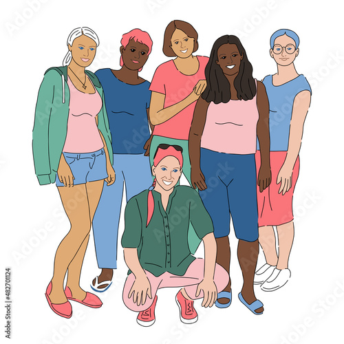 Group portrait of diversity smiling woman free posing together in walking clothes. Colorful classmates coleagues female friendship team on vacation trip or walk