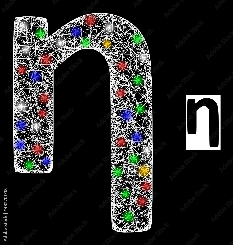 Glowing hatched mesh Eta Greek lowercase symbol with colored glowing