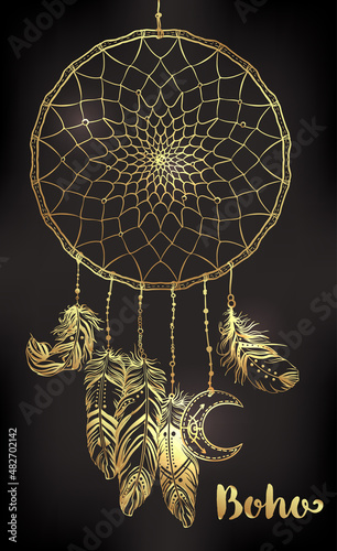 Hand drawn clip art of Native American Indian talisman dream catcher adorned with feathers and moon symbol. Vector illustration isolated on white. Lineart. Ethnic design, mystic tribal symbol.