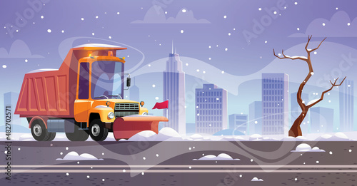 Snow plow truck cleaning on winter road