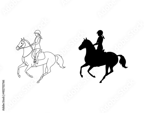 Line drawing and silhouette of a girl rider and a sports pony