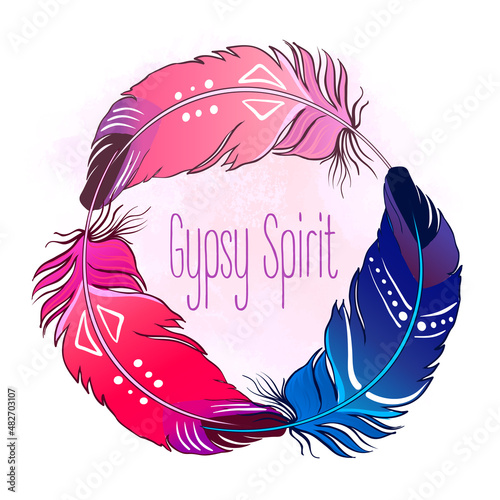 Hand drawn vector painted bird feathers isolated on white background. Colorfu...