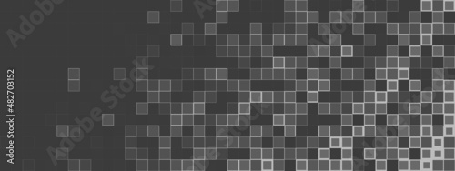 Grey wide background with dissolving mosaic. Pixelated pattern