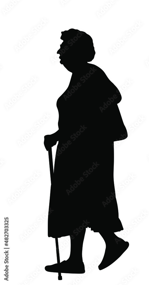 Grandmother walking with stick vector silhouette illustration isolated on white background. Old woman active life. Mature people, grandparent. Senior lady with crutches. Healthy granny outdoor enjoy.
