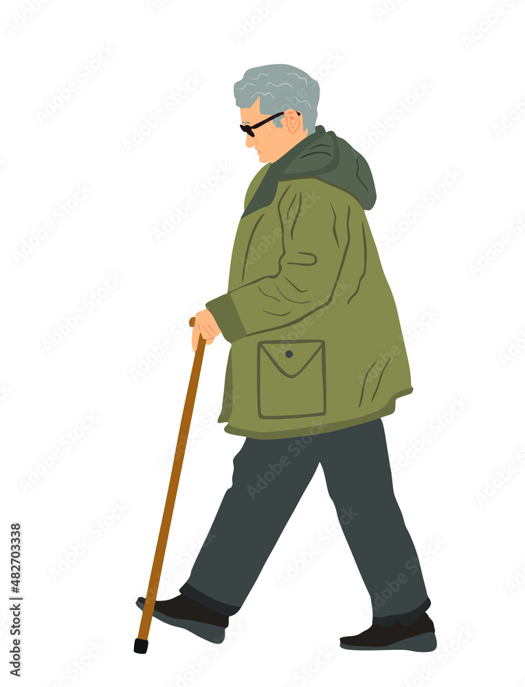 Grandmother walking with stick vector illustration isolated on white background. Old woman active life. Mature people, grandparent. Senior lady with crutches. Healthy granny outdoor. Golden age trip. Grandmother walking with stick vector illustration isolated on white background. Old woman active life. Mature people, grandparent. Senior lady with crutches. Healthy granny outdoor. Golden age trip.
