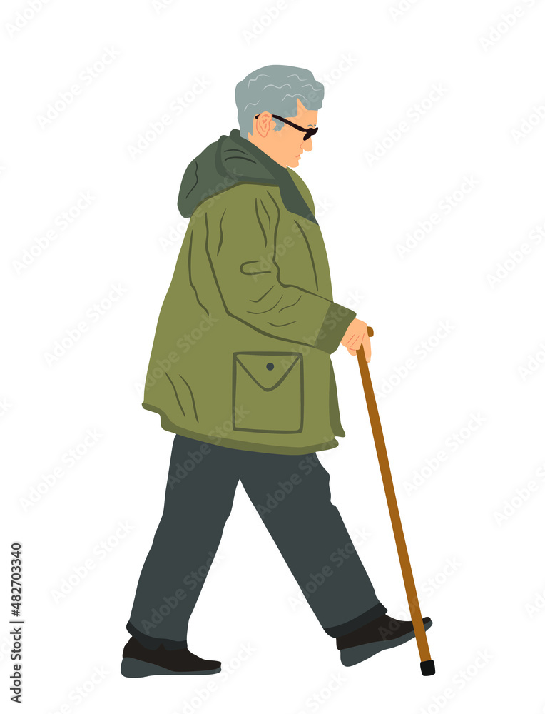 Grandmother walking with stick vector illustration isolated on white background. Old woman active life. Mature people, grandparent. Senior lady with crutches. Healthy granny outdoor. Golden age trip. Grandmother walking with stick vector illustration isolated on white background. Old woman active life. Mature people, grandparent. Senior lady with crutches. Healthy granny outdoor. Golden age trip.