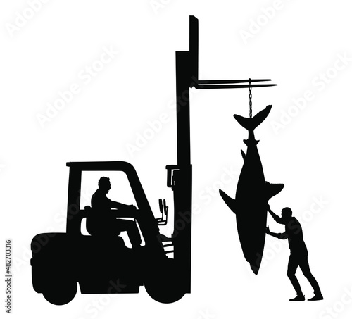 Fisherman catch great white shark vector silhouette illustration isolated. Port workers unload big fish from the ship with forklift. Heavy see food transportation on market. Dock laborers deliver fish