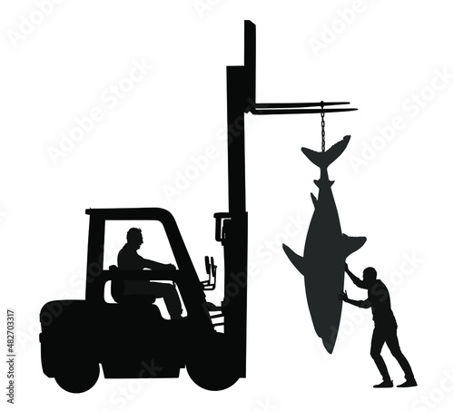 Fisherman catch great white shark vector silhouette illustration isolated. Port workers unload big fish from the ship with forklift. Heavy see food transportation on market. Dock laborers deliver fish