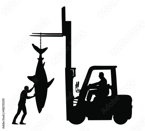 Fisherman catch great white shark vector silhouette illustration isolated. Port workers unload big fish from the ship with forklift. Heavy see food transportation on market. Dock laborers deliver fish