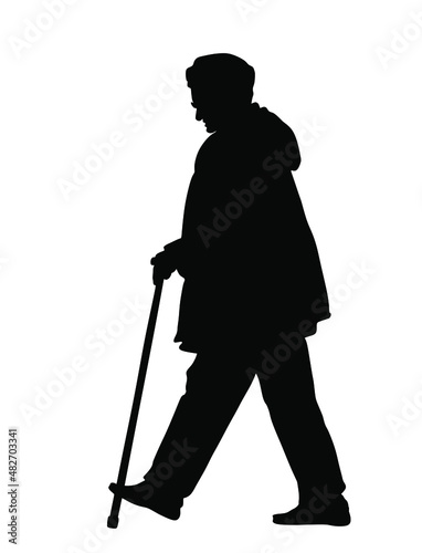 Grandmother walking with stick vector silhouette illustration isolated on white background. Old woman active life. Mature people, grandparent. Senior lady with crutches. Healthy granny outdoor enjoy.