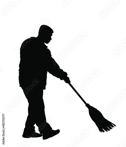 Worker sweeping with besom vector silhouette illustration isolated on white. Man with brush collects leaves. Cleaning street, boy leaf cleaner with broom. City utility service washing communal company
