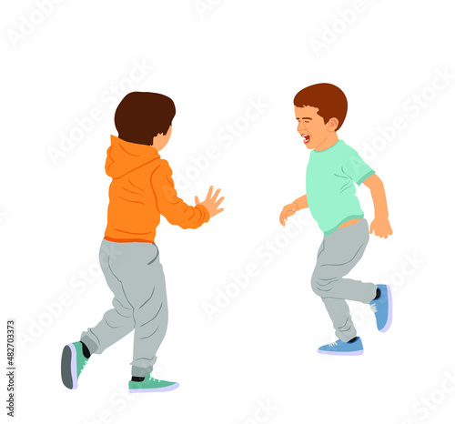 Happy joyful kids running. Little boy and friend playing in park vector illustration isolated on white background. Outdoor leisure scene. Children fun outdoor. Smiling brothers funny game family value © dovla982