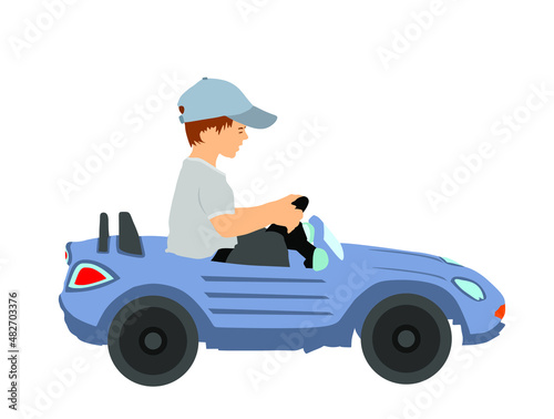 Happy little boy driving mini car vector illustration isolated on white background. Son with toy automobile. Kid driving pedal car outdoor. Happy toddler playing race game. Child with birthday gift.
