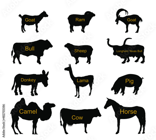 Ranch farm animals collection vector silhouette illustration isolated on background. Bull, cow, donkey, sheep, horse, pig, goat, ram, camel, lama Domestic cattle shape symbol. Cloven hoof animals.