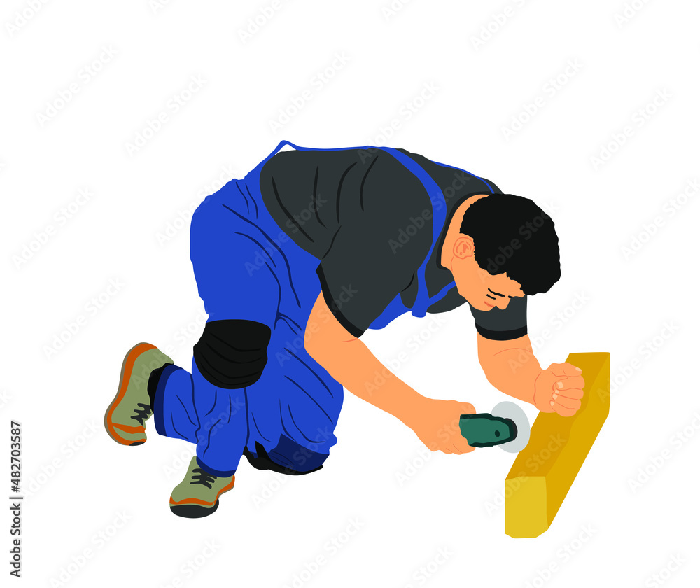 Repairman with grinder cut wooden board beam vector illustration isolated on white background. Handyman repair edge with circle polish. Construction worker man. Carpenter home renovation. Hard job. Repairman with grinder cut wooden board beam vector illustration isolated on white background. Handyman repair edge with circle polish. Construction worker man. Carpenter home renovation. Hard job.