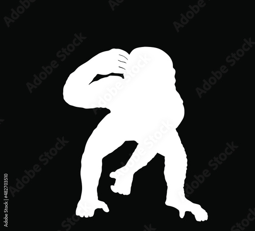 Chimpanzee monkey vector silhouette illustration isolated on black background. Monkey symbol.