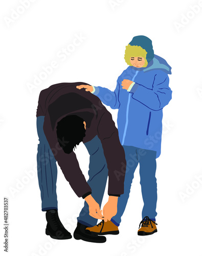 Father tying his sons shoelaces vector illustration isolated on white background. Dad ties shoestring to son. Parent helps child with boots. Man learning boy to put on shoes. Family winter day on snow