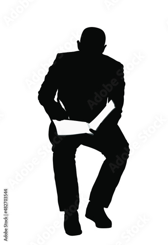 Writer man writes note with pencil in notebook vector silhouette illustration isolated on white background. Businessman in suite siting and listening on meeting. Journalist catch news on interview.