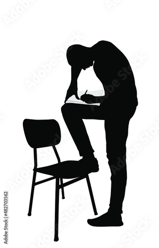Writer man writes note with pencil in notebook vector silhouette illustration isolated on white background. Sportsman personal trainer standing on chair. Journalist catch news quickly, reading book.