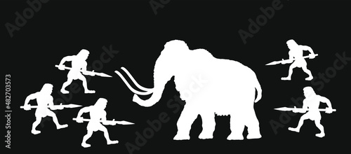 Caveman hunters hunting mammoth with spear vector silhouette illustration isolated on black background. Stone age savage man hunt wild animal. Neanderthal strong tribe. Prehistoric human evolution.