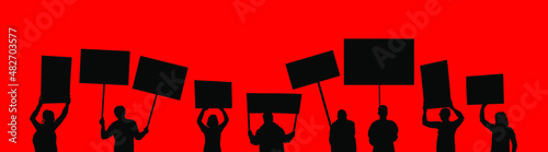 Group of people protesters vector silhouette illustration isolated. Man hand holding sign. Empty banner plate. Blank protest flag. Political agitation campaign. Demonstration social laborers rights photo