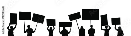 Group of people protesters vector silhouette illustration isolated. Man hand holding sign. Empty banner plate. Blank protest flag. Political agitation campaign. Demonstration social laborers rights