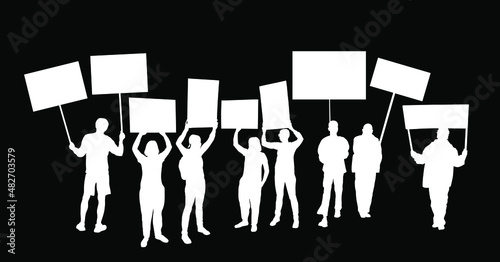 Group of people protesters vector silhouette illustration isolated. Man hand holding sign. Empty banner plate. Blank protest flag. Political agitation campaign. Demonstration social laborers rights