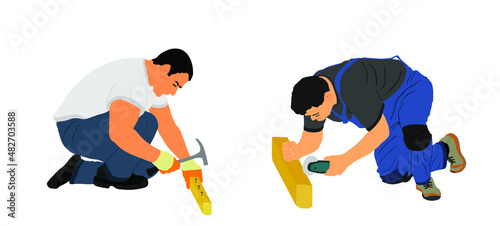 Repairman with hammer nails a nail vector illustration isolated on white background. Handyman repair with gavel. Construction worker man knock in wood. Carpenter grinder cut wood beam home renovation.
