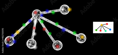 Glare hatched mesh links with colorful glowing spots. Illuminated vector structure created from links pictogram. Sparkle carcass mesh links, on a black backgound.