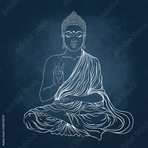 Sitting Buddha. Vector illustration over the blackboard background.