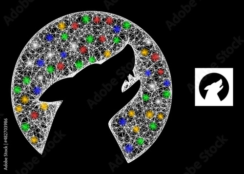 Shiny network wolf with vibrant light dots. Illuminated vector mesh created from wolf symbol. Sparkle constellation mesh wolf, on a black backgound.