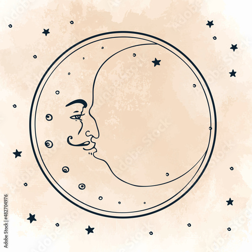 Moon and stars. Vector illustration in vintage engraving style.