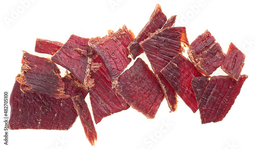 Tableau sur toile Portion of sliced and dried meat isolated on a white background
