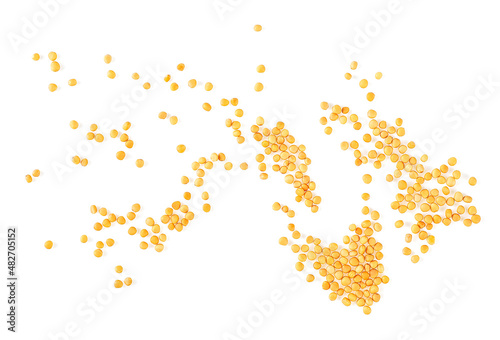 Yellow mustard seeds isolated on a white background  top view.