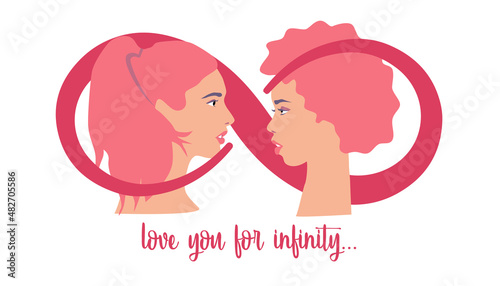 Same-sex love. Valentines day. Valentine card. Women in love. Same-sex couple. Love you for infinity