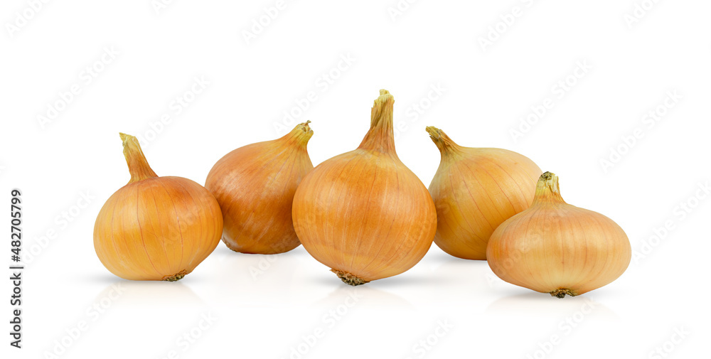 Five pieces of ripe yellow onion, isolated on a white background