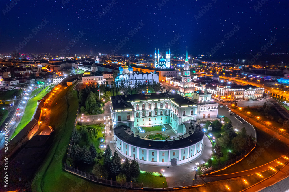 Naklejka premium Panorama night city Kazan kremlin and Kul Sharif mosque of Tatarstan Russia, aerial top view