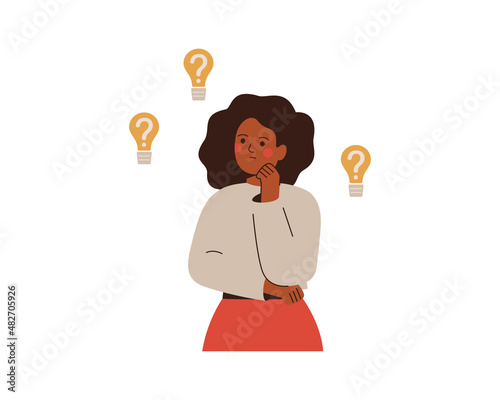 The thoughtful female makes the decision and chooses an idea. Black businesswoman looks at light bulbs with question marks. Creative girl with no ideas and inspiration. Vector illustration