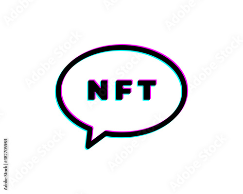 Flat NFT Glitch message bubble isolated Icon. Silhouette NFT symbol with message bubble in Glitch art style in neon glow colors. Crypto Money Vector isolated illustration.