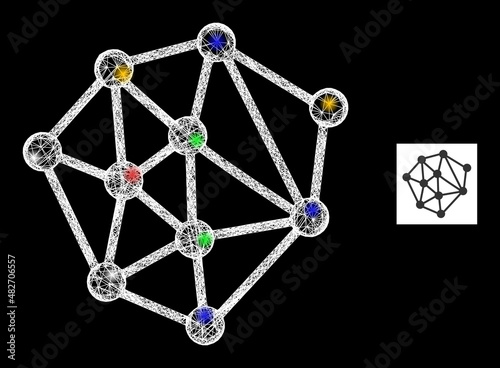 Glowing net mesh structure with vibrant bright dots. Illuminated vector model created from mesh structure icon. Sparkle constellation polygonal mesh structure, on a black backgound.