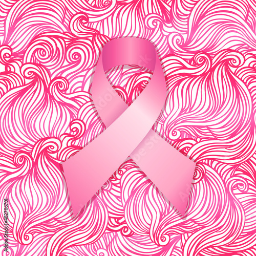 October: Breast Cancer Awareness Month, annual campaign to increase awareness of the disease. Woman with breast cancer awareness pink ribbon, vector illustration health, medicine, beauty concept