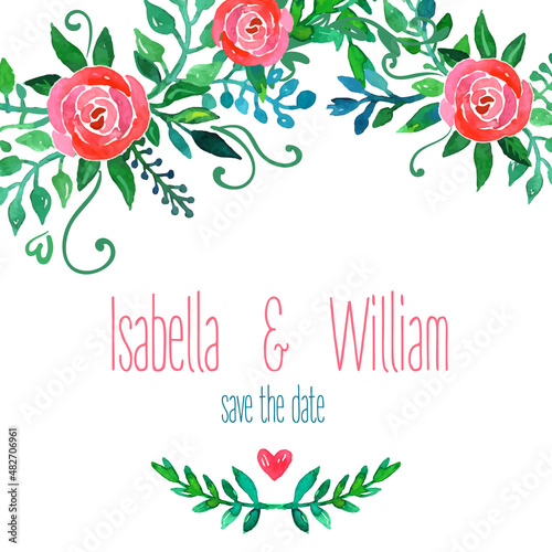 Boho style wedding invitation template. Watercolor illustration.