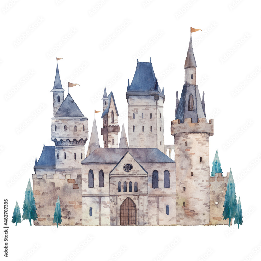 Watercolor fairytale castle. Medieval building isolated on white background. Fantasy illustration - obrazy, fototapety, plakaty 