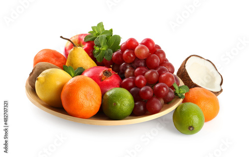 Fototapeta Naklejka Na Ścianę i Meble -  Wooden plate and different ripe fruits on white background