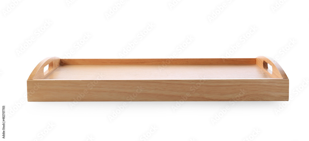 One empty wooden tray isolated on white One empty wooden tray isolated on white