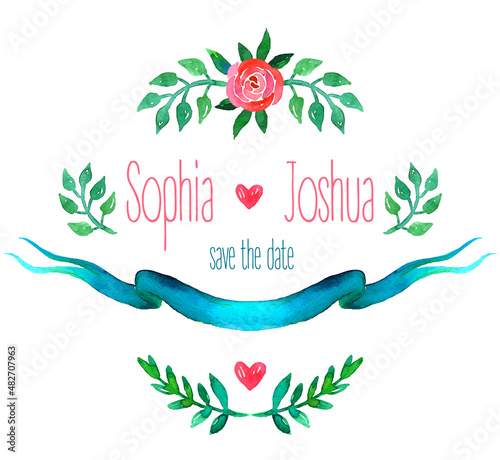 Boho style wedding invitation template. Watercolor illustration.