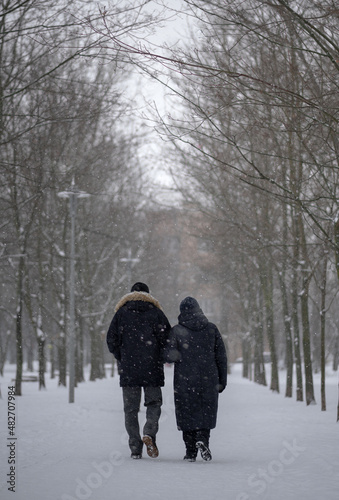An elderly couple walking away down the road. Pensioners go into the depths of the park. Elderly people walk by the hand in the winter park.