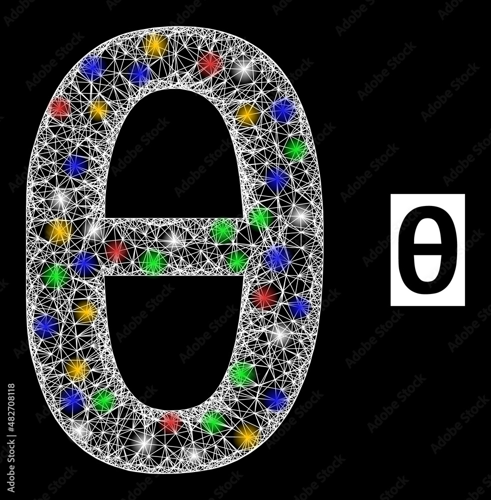 Bright net mesh Theta Greek lowercase symbol with multi colored light