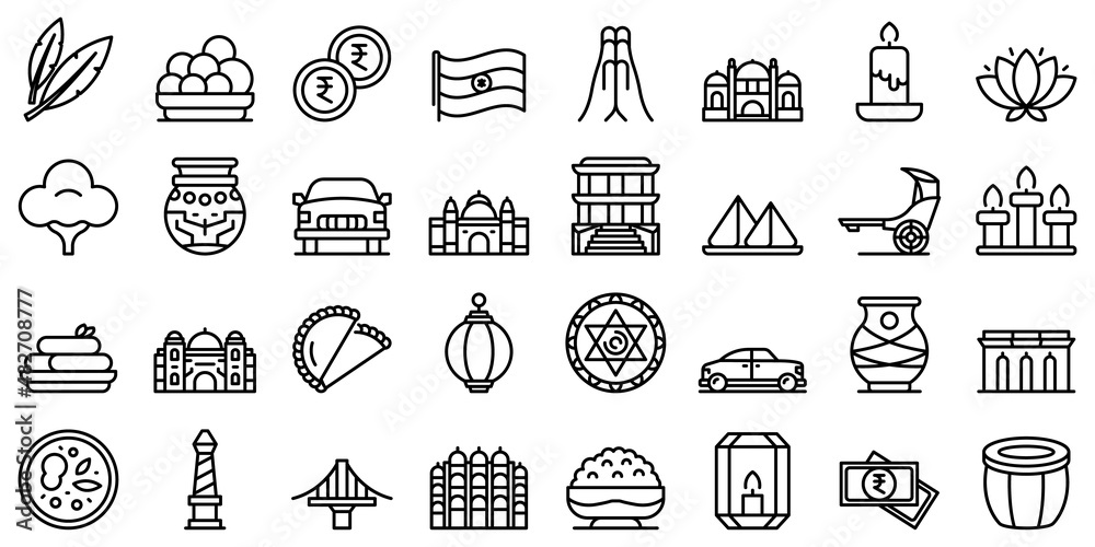 Kolkata icons set outline vector. India city. Memorial bridge